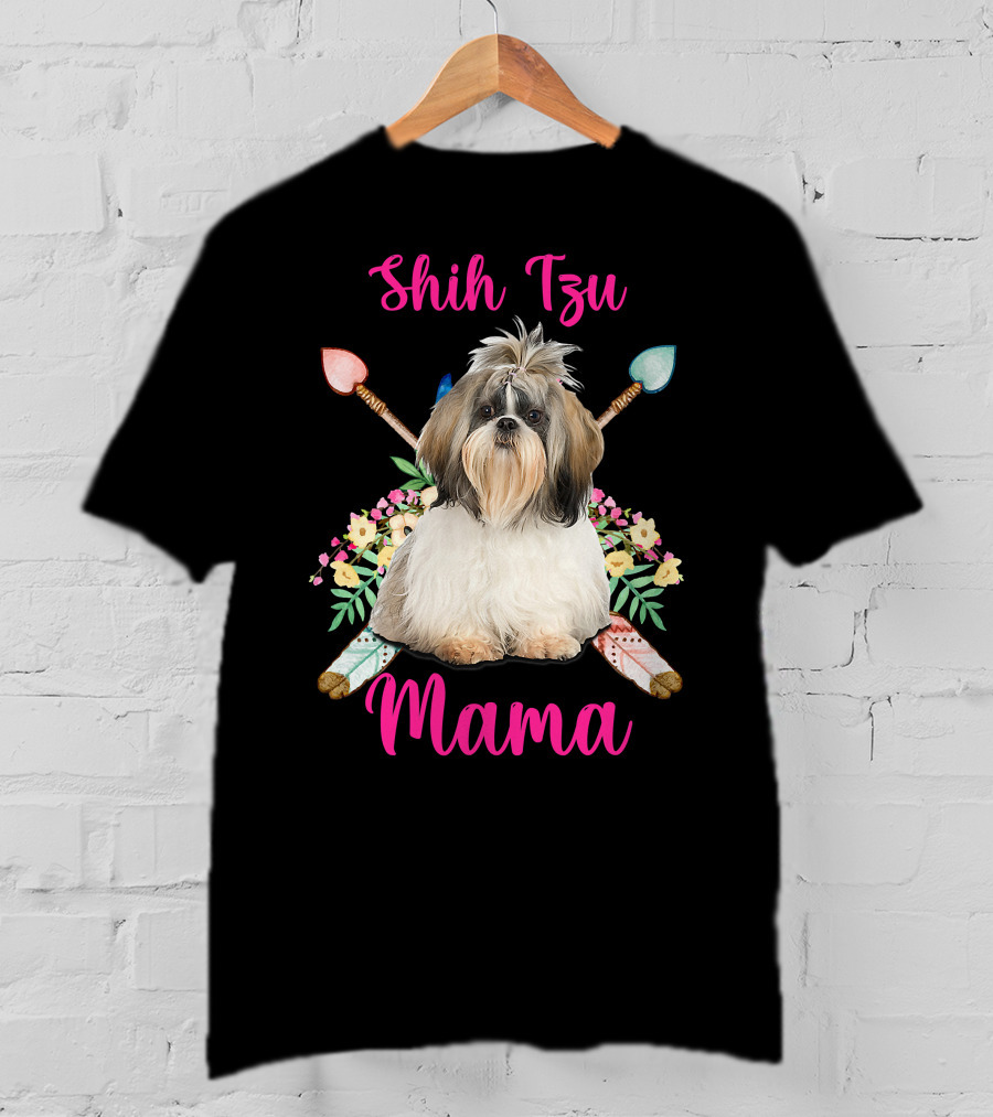 Shih Tzu Mama Cute Mama Dog Lover With Floral And Arrow Accents T-Shirt