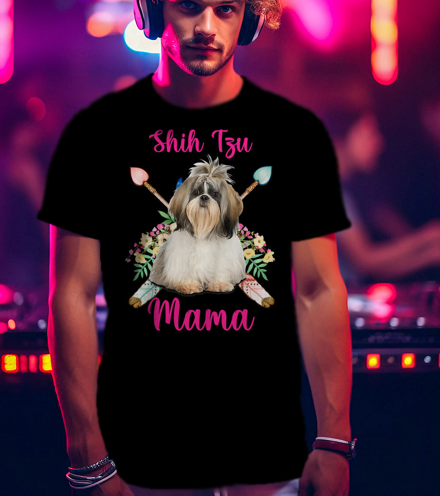 Shih Tzu Mama Cute Mama Dog Lover With Floral And Arrow Accents T-Shirt