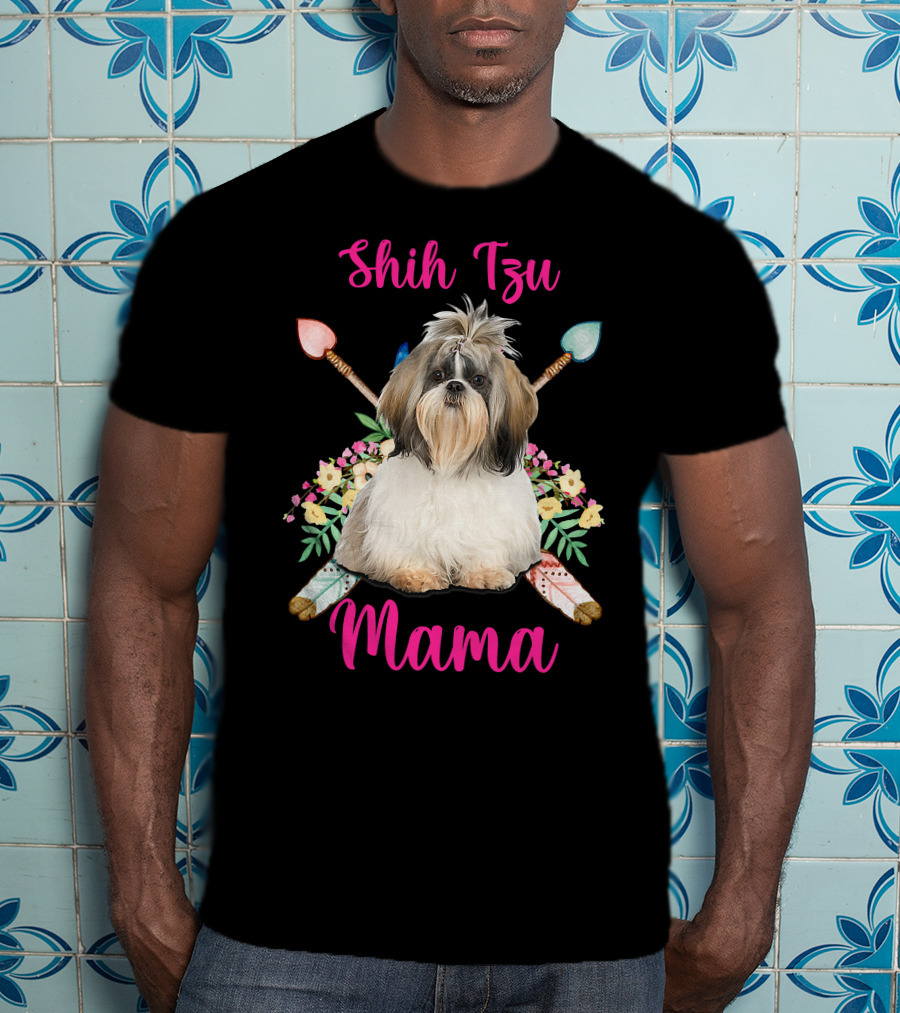 Shih Tzu Mama Cute Mama Dog Lover With Floral And Arrow Accents T-Shirt