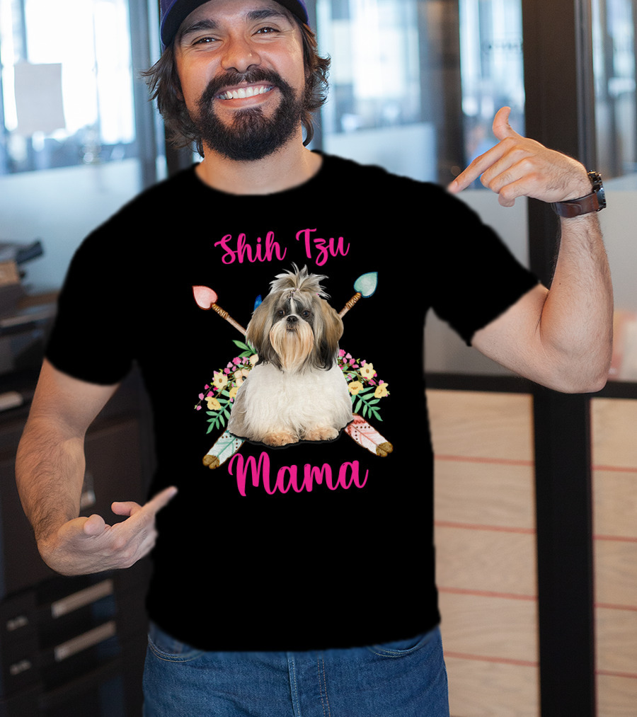 Shih Tzu Mama Cute Mama Dog Lover With Floral And Arrow Accents T-Shirt