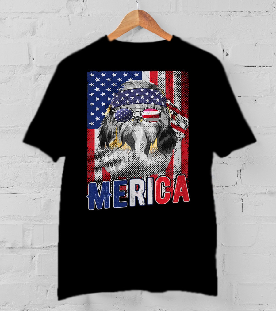 Shih Tzu Merica USA American Flag Patriotic Boys 4 Glasses Headband Stars Stripes T-Shirt