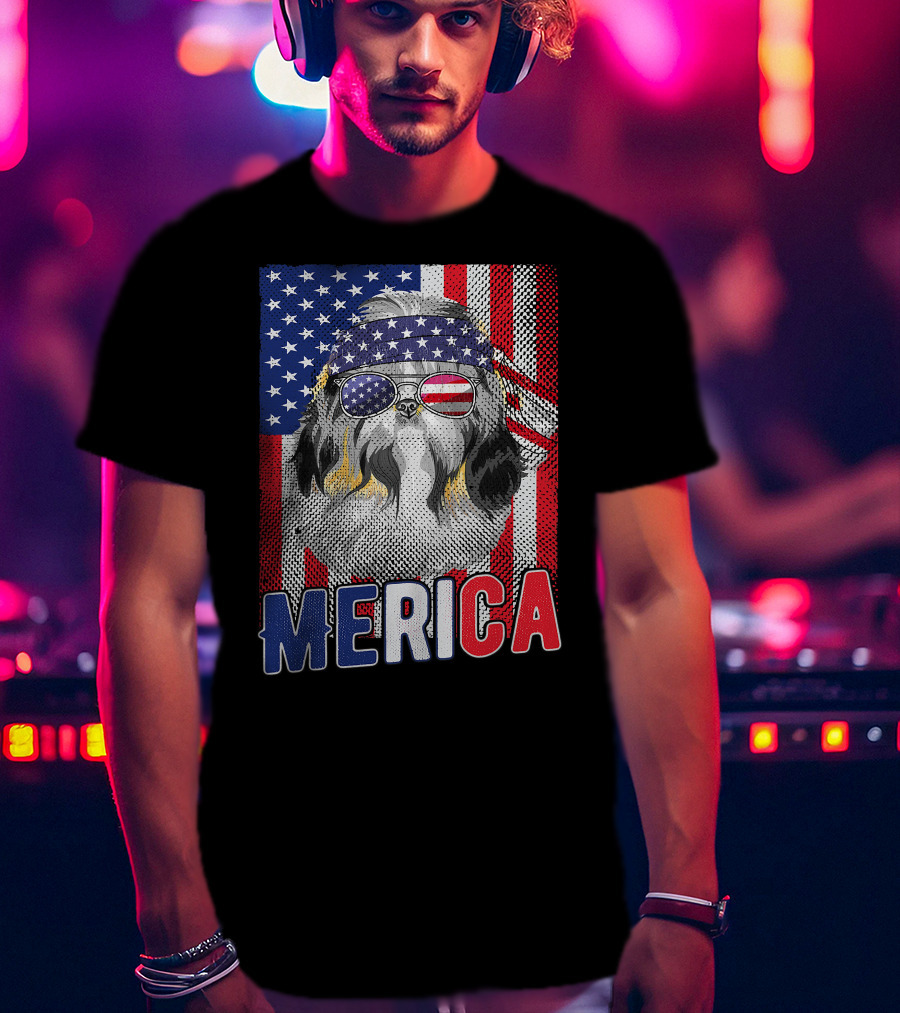 Shih Tzu Merica USA American Flag Patriotic Boys 4 Glasses Headband Stars Stripes T-Shirt