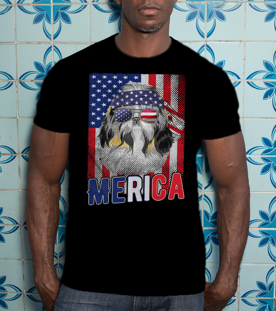 Shih Tzu Merica USA American Flag Patriotic Boys 4 Glasses Headband Stars Stripes T-Shirt