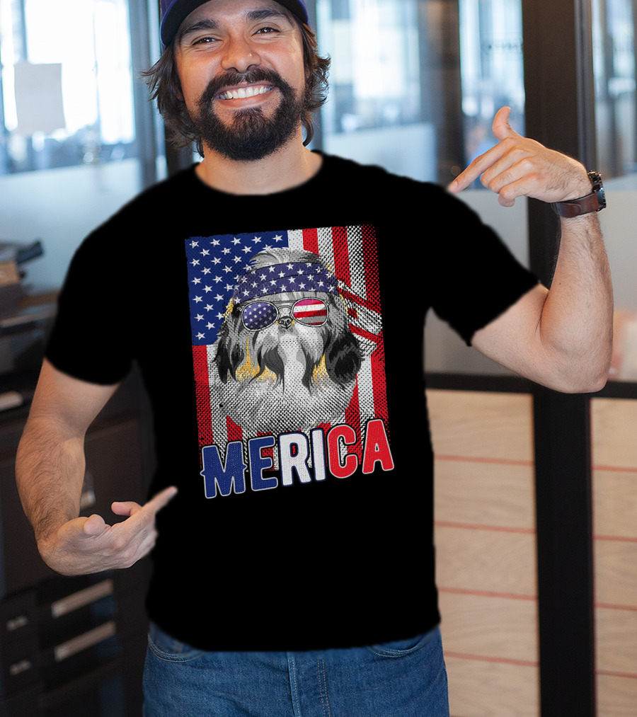 Shih Tzu Merica USA American Flag Patriotic Boys 4 Glasses Headband Stars Stripes T-Shirt