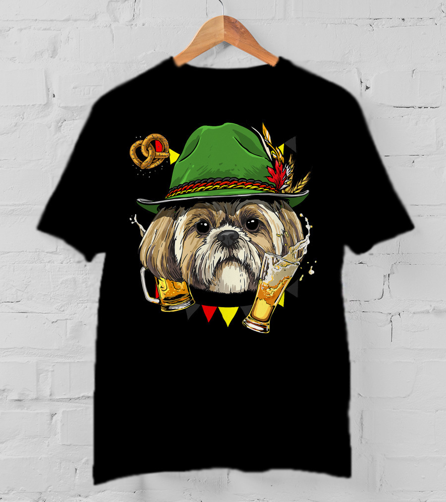 Shih Tzu Oktoberfest Dog With Lederhosen Hat And Beer German Pretzel T-Shirt