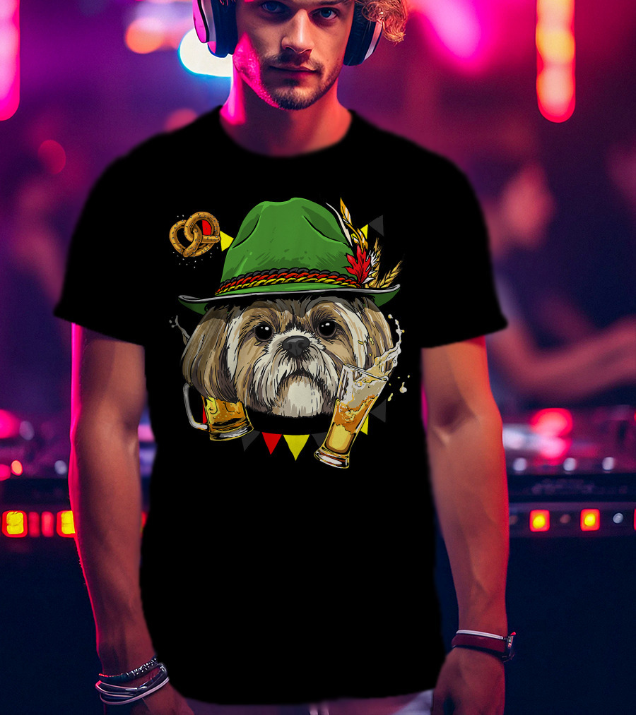 Shih Tzu Oktoberfest Dog With Lederhosen Hat And Beer German Pretzel T-Shirt