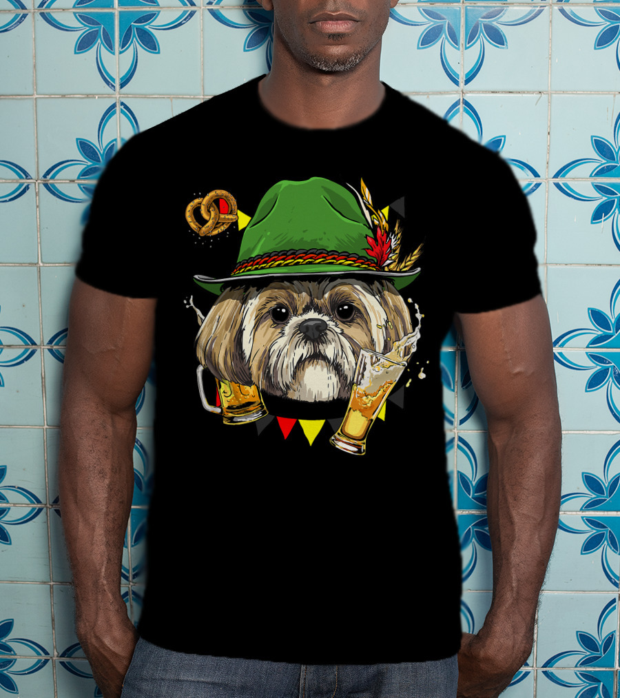 Shih Tzu Oktoberfest Dog With Lederhosen Hat And Beer German Pretzel T-Shirt