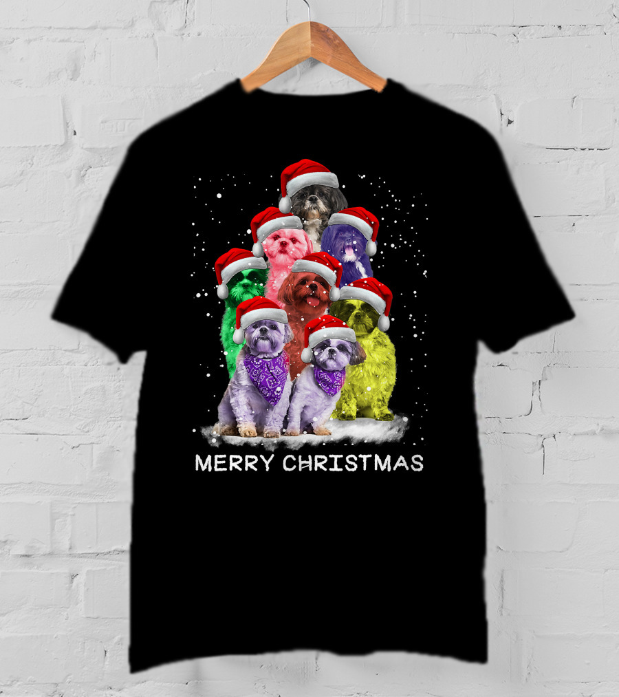 Merry Christmas Shih Tzu Ornament Decoration Santa Hat Xmas Tree Dog T-Shirt