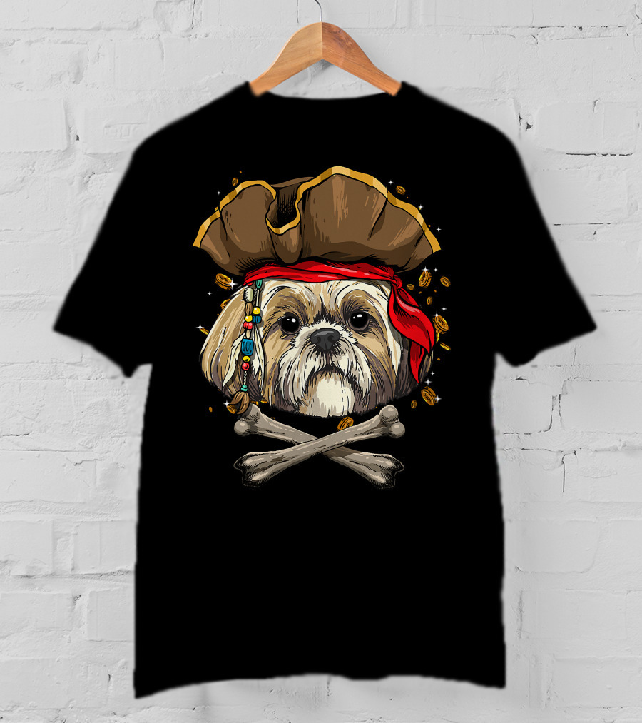 Shih Tzu Pirate Dog Jolly Roger Halloween With Skull And Crossbones T-Shirt