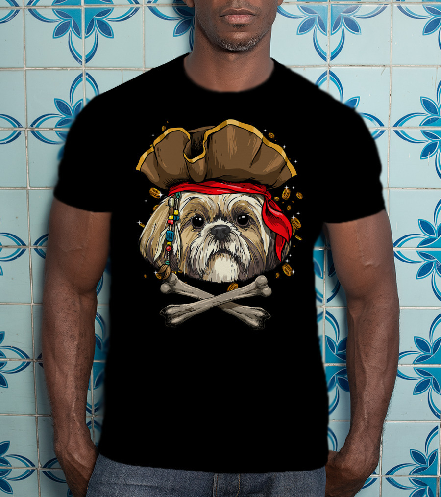 Shih Tzu Pirate Dog Jolly Roger Halloween With Skull And Crossbones T-Shirt