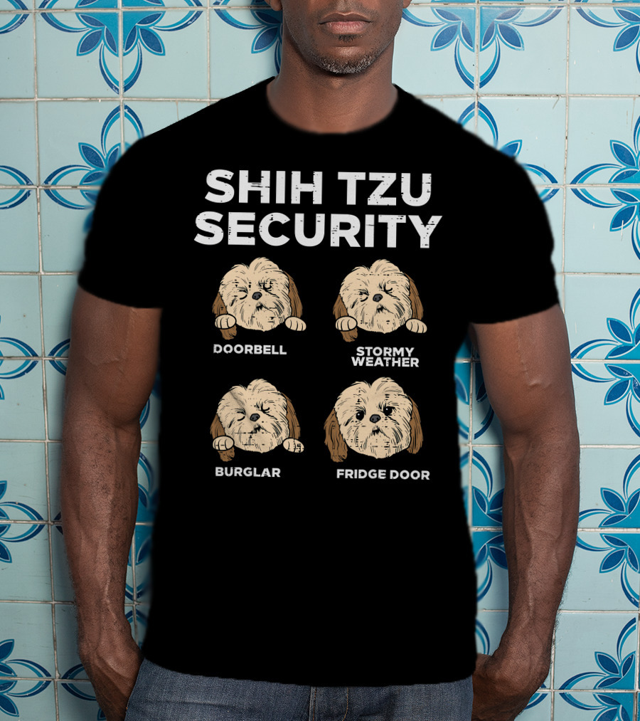 Shih Tzu Security Doorbell Stormy Weather Burglar Fridge Door Funny Dog Lover Owner T-Shirt