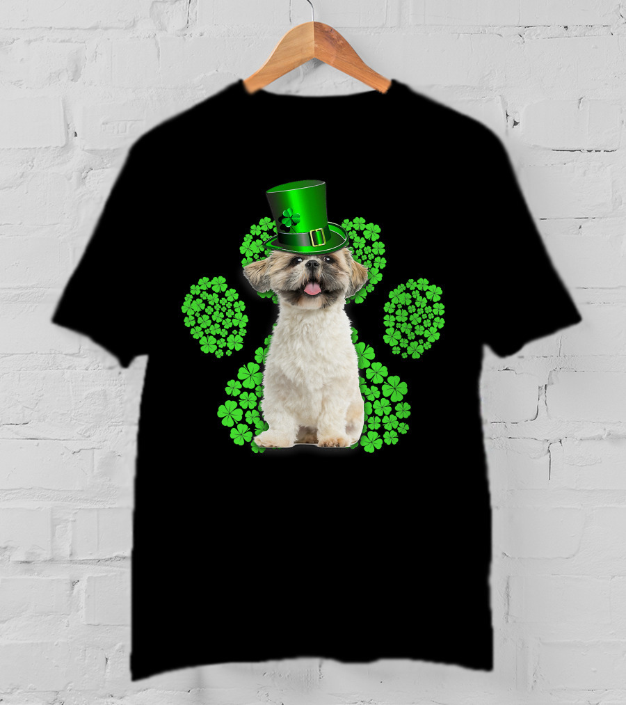 Shih Tzu With Shamrock Paw Prints And Green Hat For St Patrick's Day T-Shirt