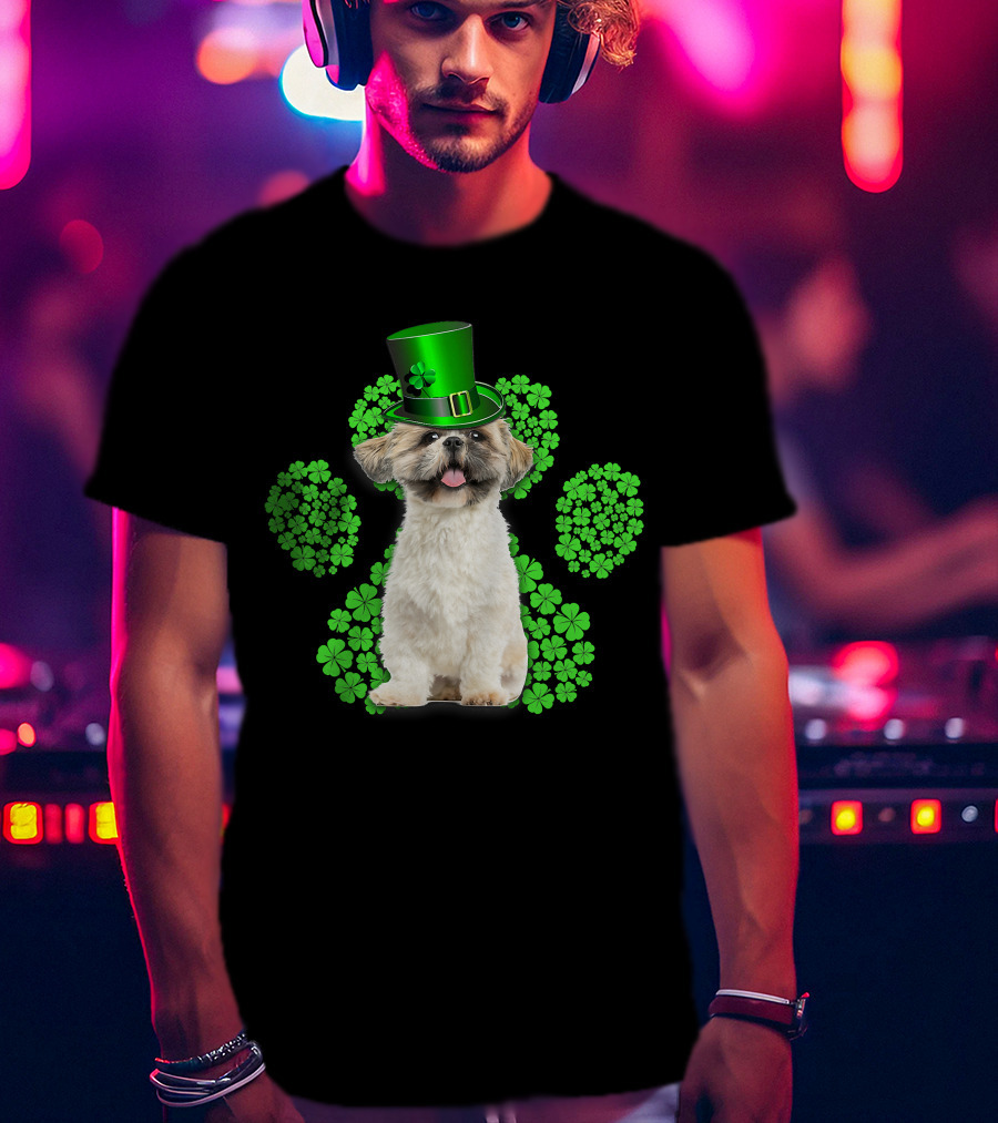 Shih Tzu With Shamrock Paw Prints And Green Hat For St Patrick's Day T-Shirt