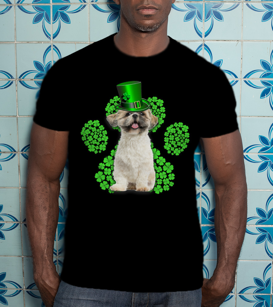 Shih Tzu With Shamrock Paw Prints And Green Hat For St Patrick's Day T-Shirt