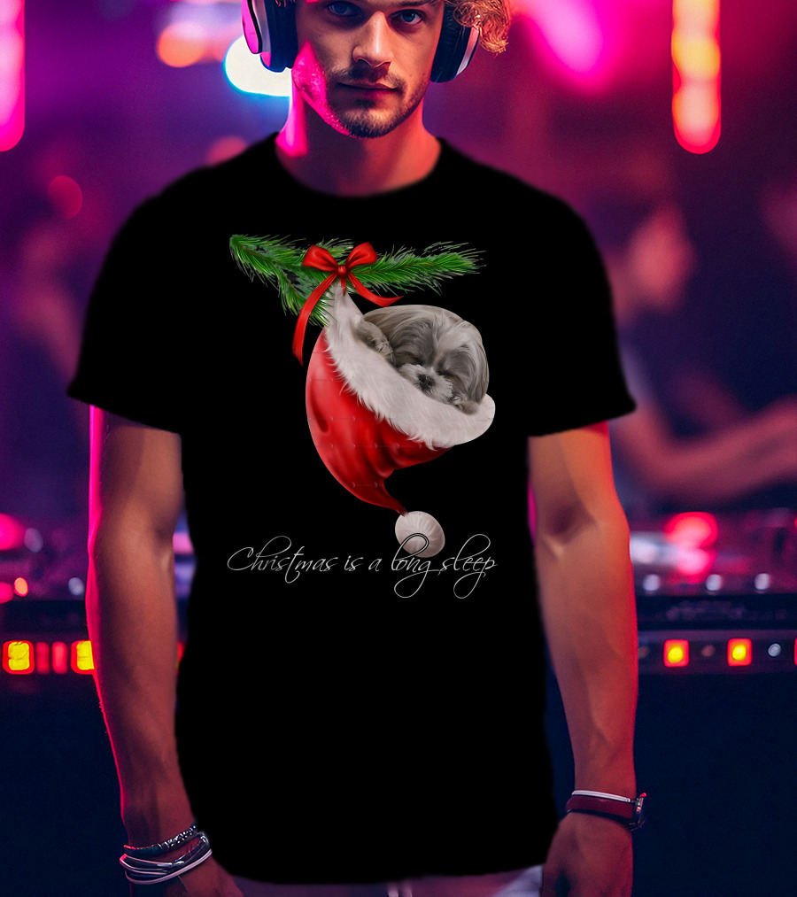Shih Tzu Sleeping In Santa's Hat Christmas Is A Snuggly Dream T-Shirt