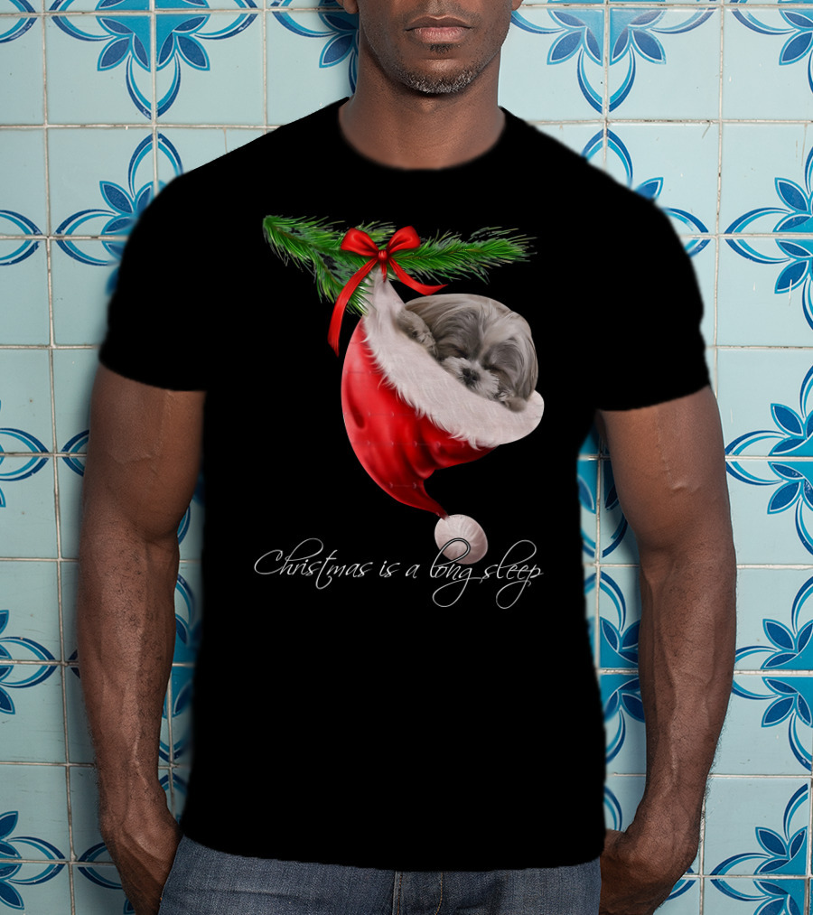 Shih Tzu Sleeping In Santa's Hat Christmas Is A Snuggly Dream T-Shirt