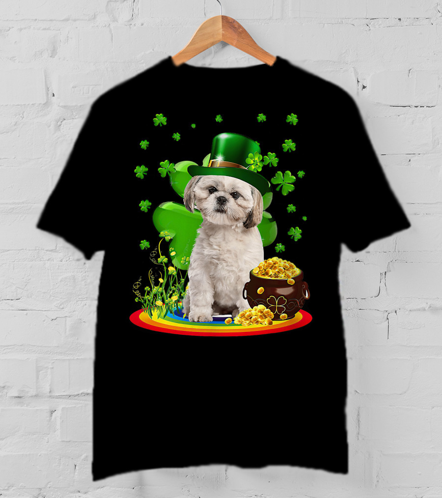 Shih Tzu Irish Shamrock St Patricks Day Lover With Pot Of Gold T-Shirt