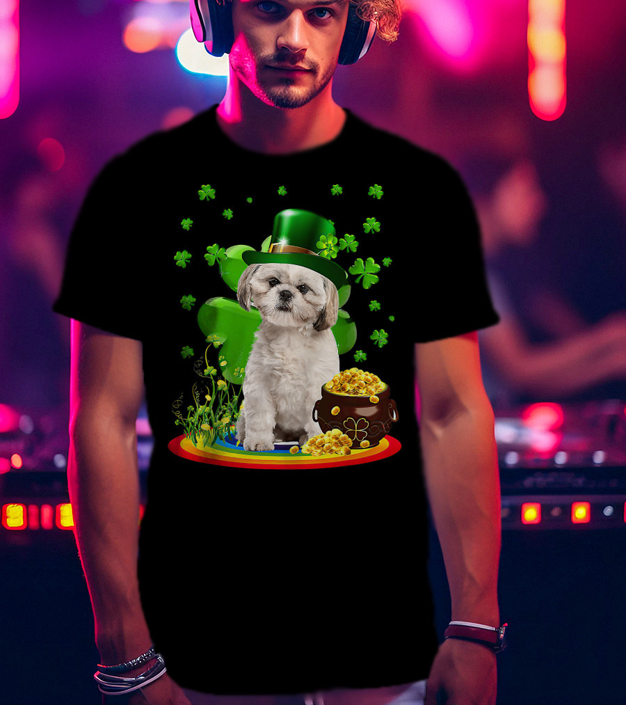 Shih Tzu Irish Shamrock St Patricks Day Lover With Pot Of Gold T-Shirt