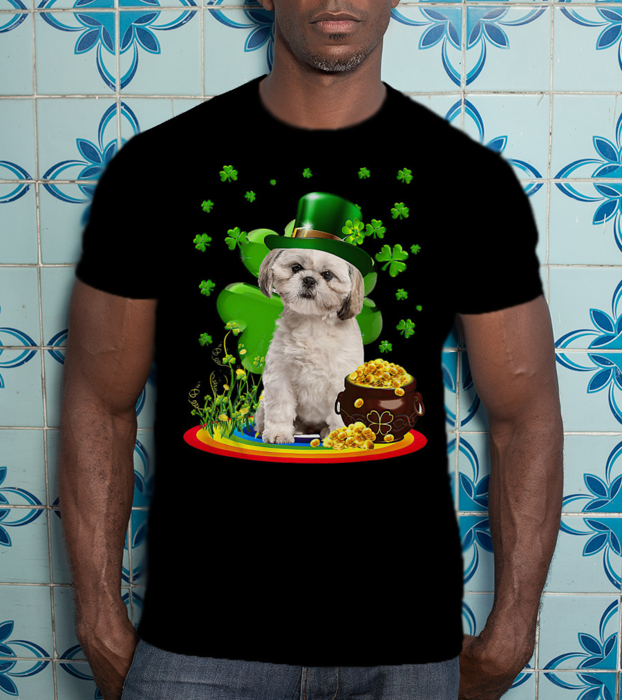 Shih Tzu Irish Shamrock St Patricks Day Lover With Pot Of Gold T-Shirt