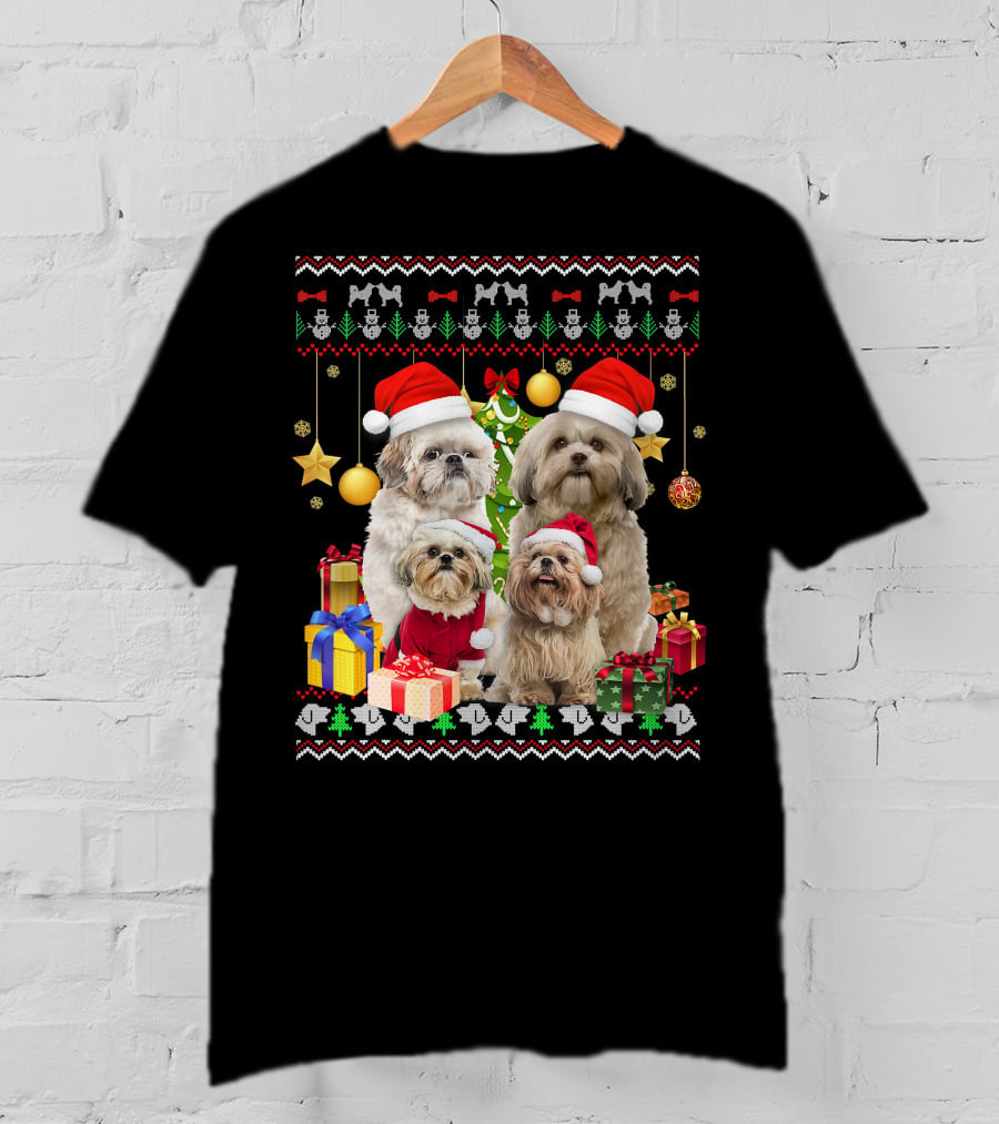 Shih Tzu Santa Hat Christmas Sweater Puppies And Presents T-Shirt