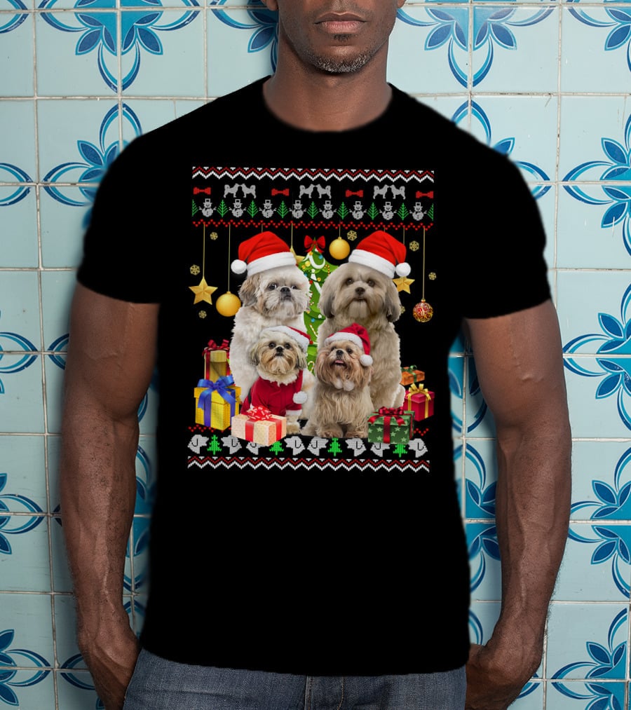 Shih Tzu Santa Hat Christmas Sweater Puppies And Presents T-Shirt