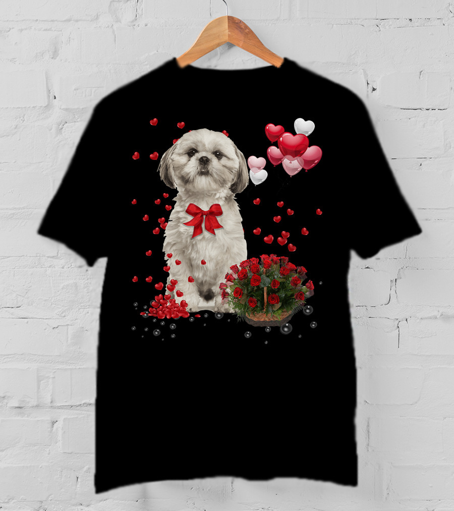 Shih Tzu Valentines Day Funny Dog Lover Happy Vale Roses Hearts Balloons T-Shirt