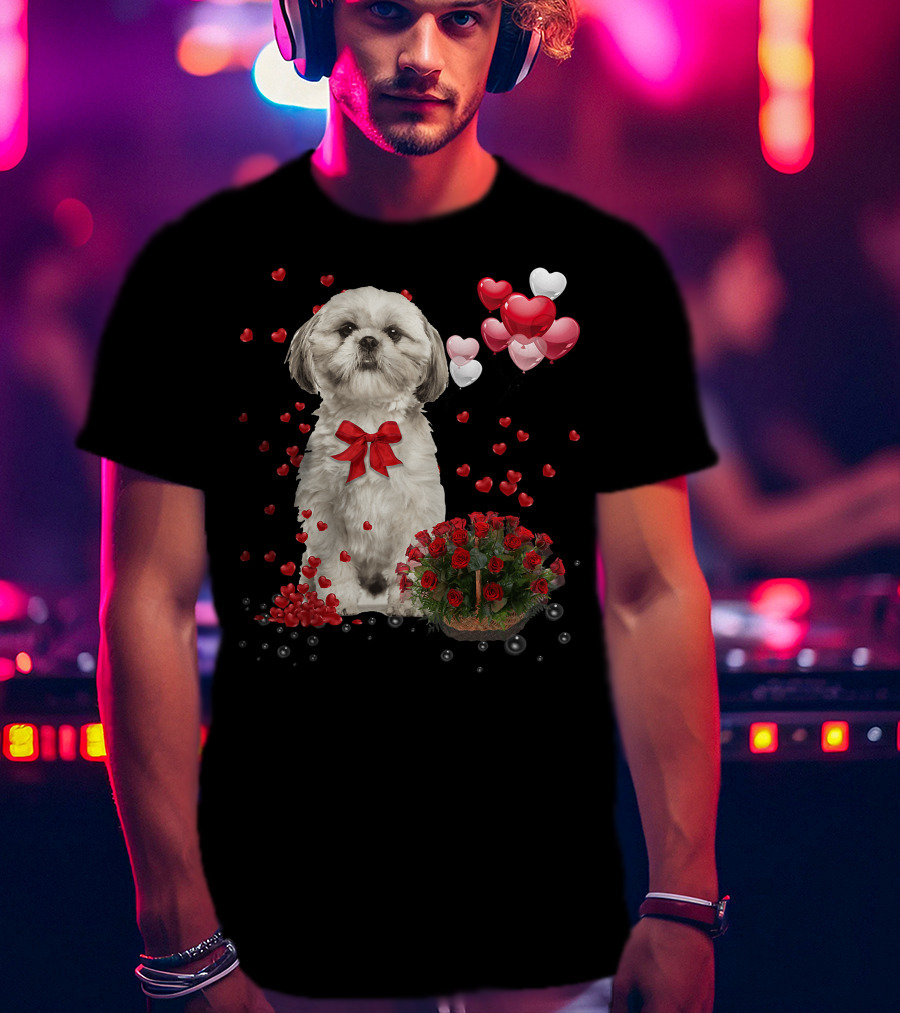 Shih Tzu Valentines Day Funny Dog Lover Happy Vale Roses Hearts Balloons T-Shirt