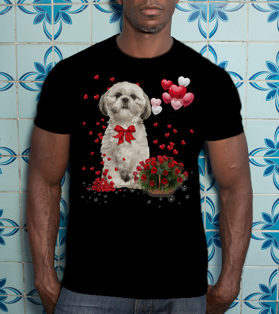 Shih Tzu Valentines Day Funny Dog Lover Happy Vale Roses Hearts Balloons T-Shirt