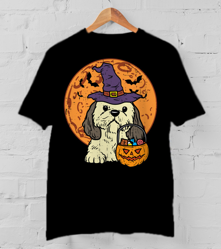 Shih Tzu Witch Hat Moon Jack O Lantern Halloween Dog T-Shirt