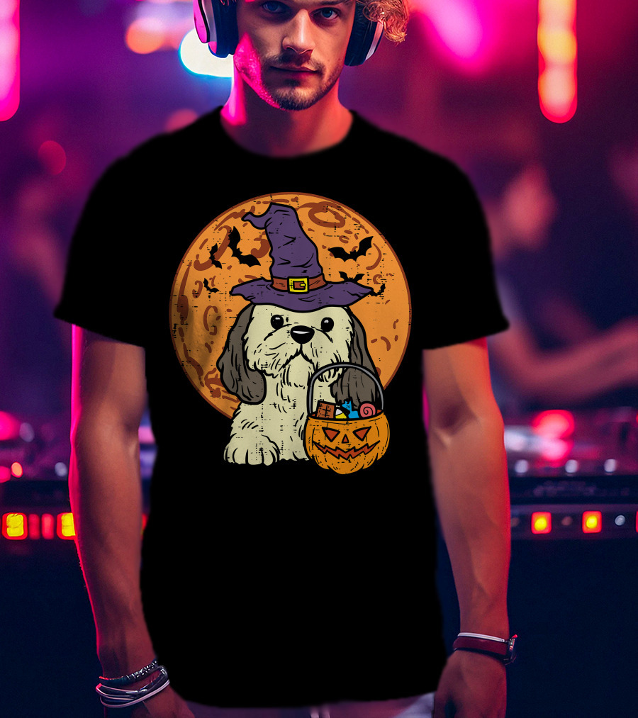 Shih Tzu Witch Hat Moon Jack O Lantern Halloween Dog T-Shirt