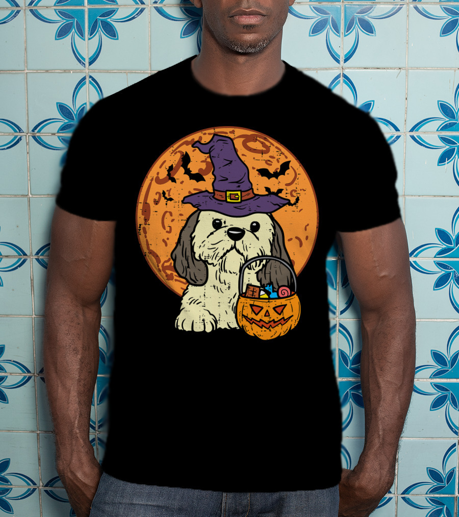 Shih Tzu Witch Hat Moon Jack O Lantern Halloween Dog T-Shirt