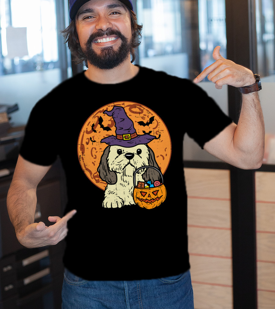 Shih Tzu Witch Hat Moon Jack O Lantern Halloween Dog T-Shirt