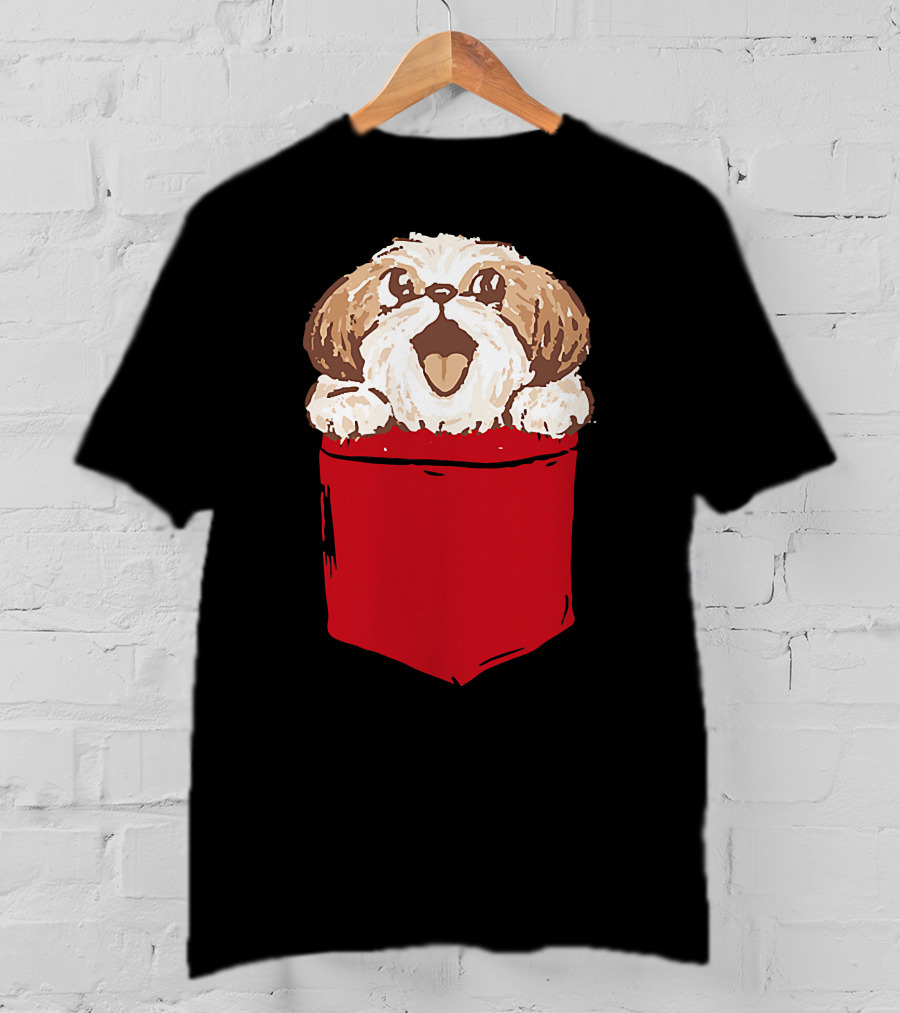 Shih-Tzu Puppy Dog Peeking Out Of Red Pocket T-Shirt