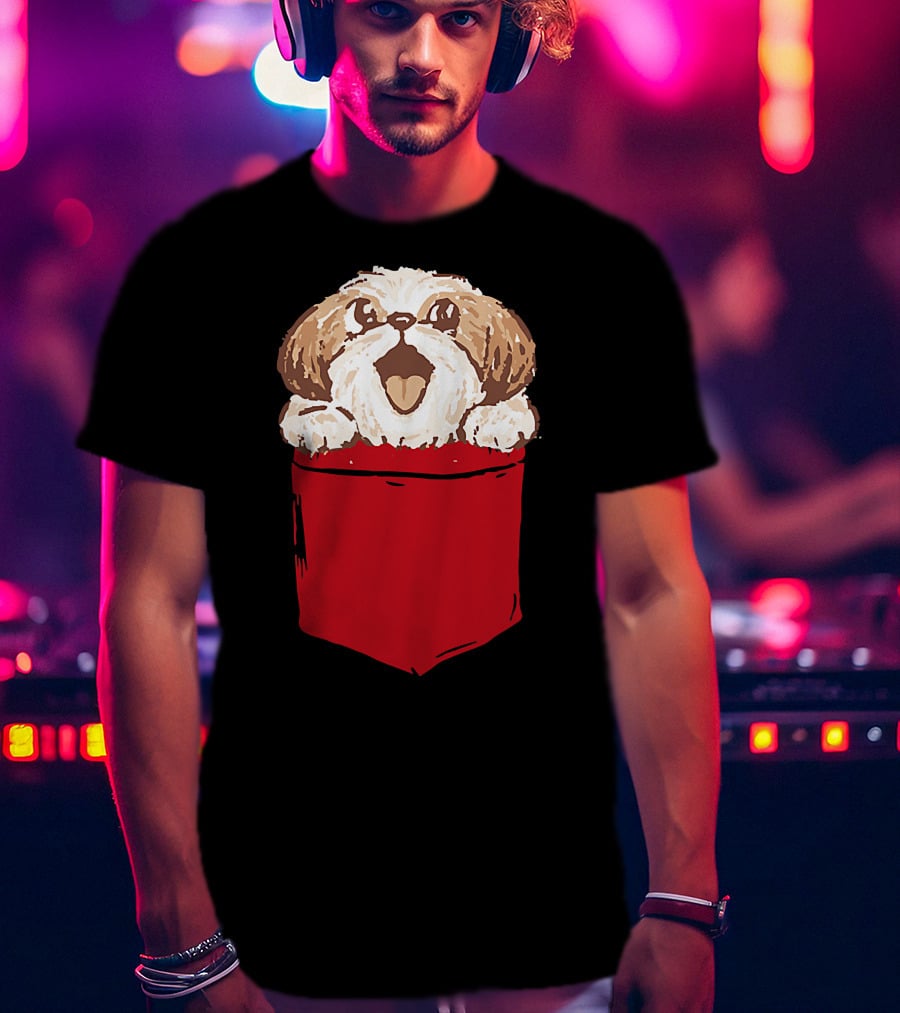 Shih-Tzu Puppy Dog Peeking Out Of Red Pocket T-Shirt