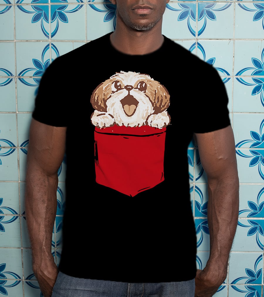 Shih-Tzu Puppy Dog Peeking Out Of Red Pocket T-Shirt