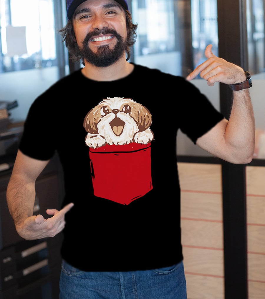 Shih-Tzu Puppy Dog Peeking Out Of Red Pocket T-Shirt