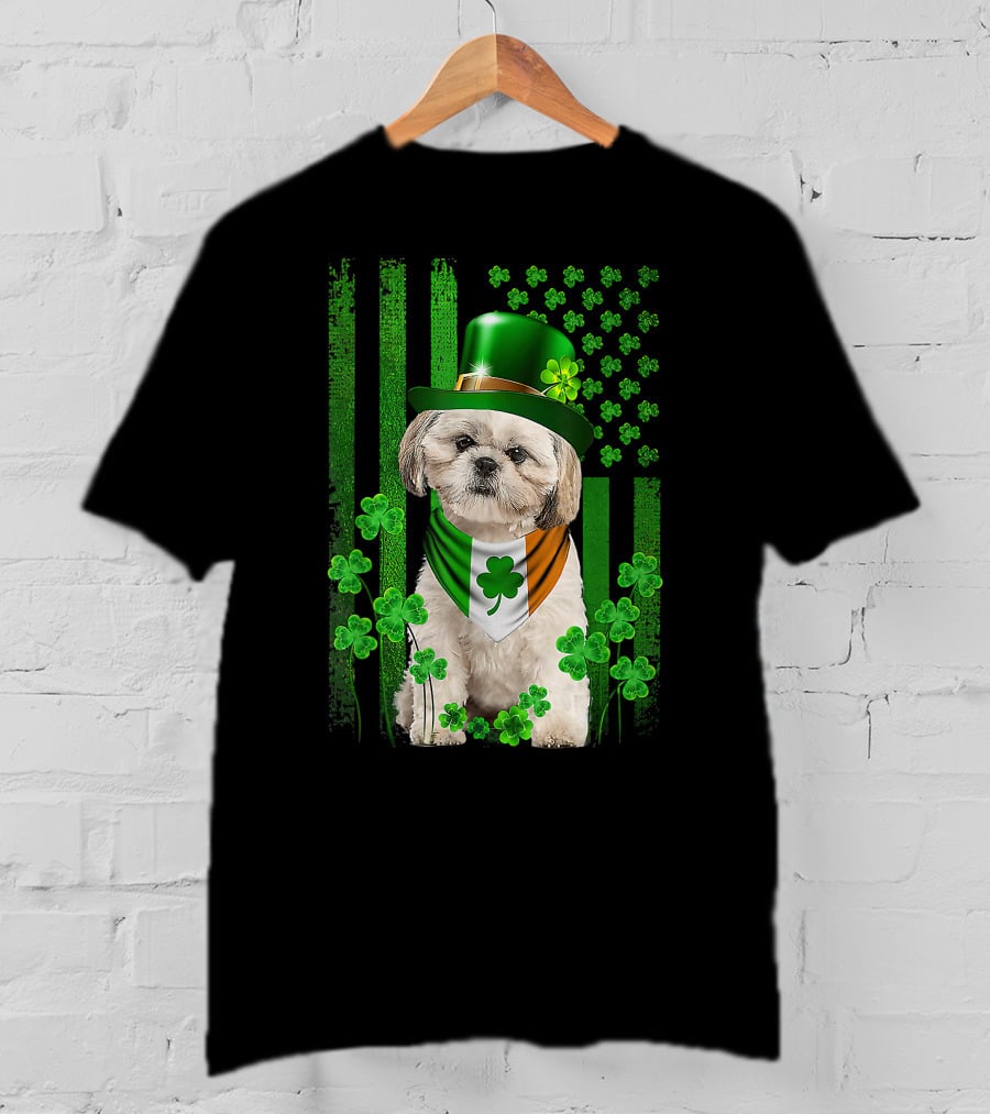 St Patrick's Day Shamrock Hat Shih Tzu With Irish Flag Scarf T-Shirt