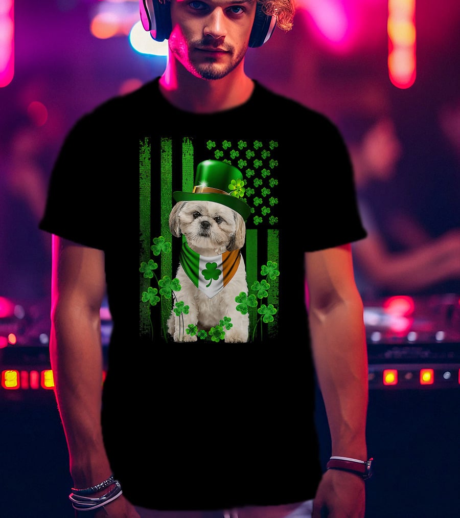 St Patrick's Day Shamrock Hat Shih Tzu With Irish Flag Scarf T-Shirt