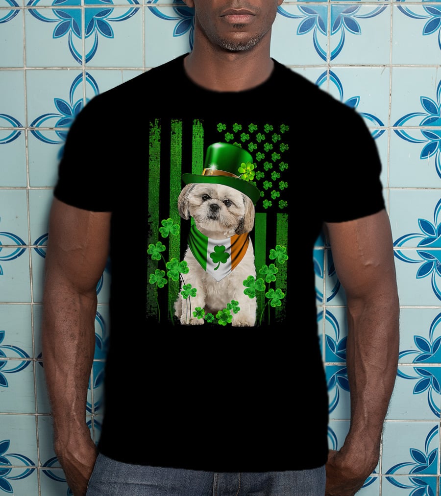 St Patrick's Day Shamrock Hat Shih Tzu With Irish Flag Scarf T-Shirt