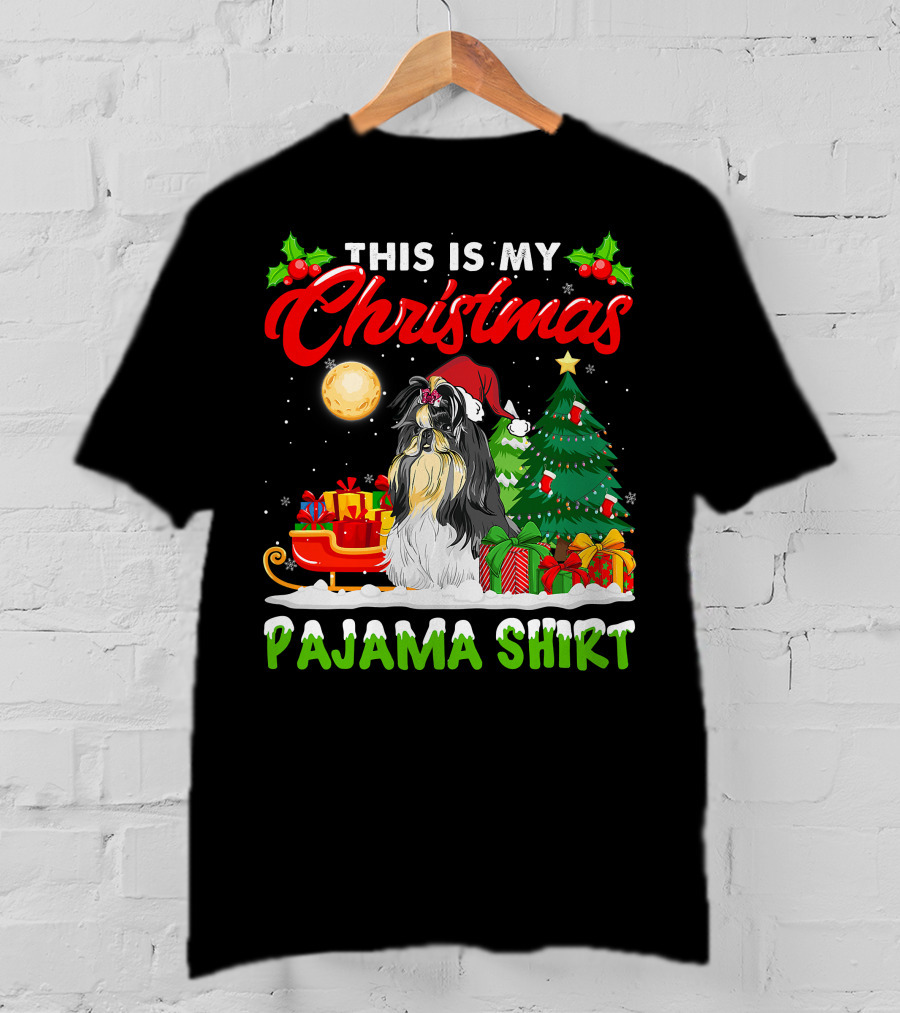 Christmas Pajama Shih Tzu Dog With Santa Hat And Presents T-Shirt