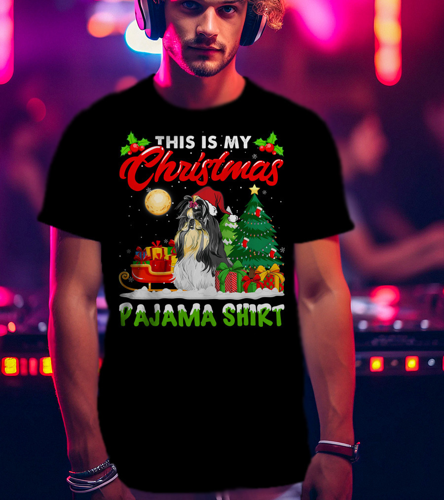 Christmas Pajama Shih Tzu Dog With Santa Hat And Presents T-Shirt