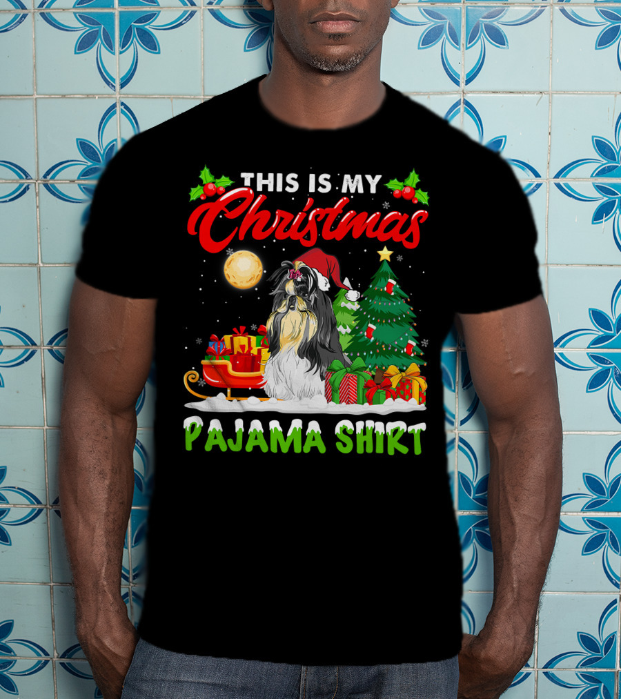 Christmas Pajama Shih Tzu Dog With Santa Hat And Presents T-Shirt