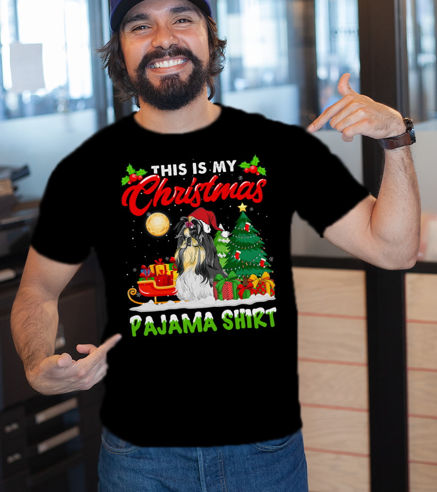 Christmas Pajama Shih Tzu Dog With Santa Hat And Presents T-Shirt