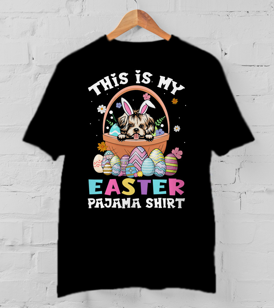 Easter Pajama Shih Tzu Bunny Dog Lover Basket With Colorful Eggs T-Shirt