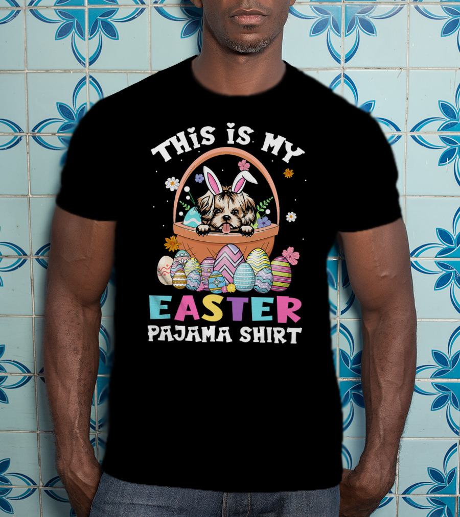 Easter Pajama Shih Tzu Bunny Dog Lover Basket With Colorful Eggs T-Shirt