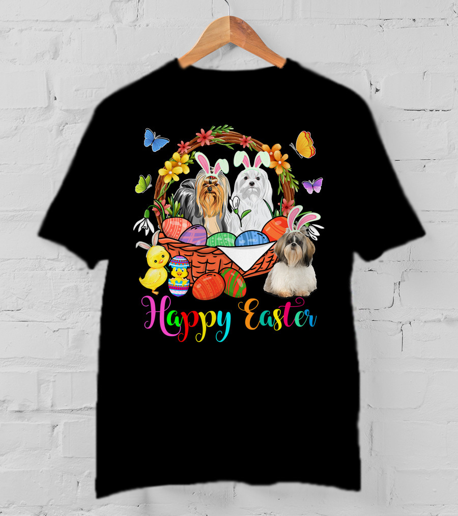 Happy Easter Three Bunny Shih Tzu Dogs In Easter Eggs Basket With Butterflies And Flowers T-Shirt