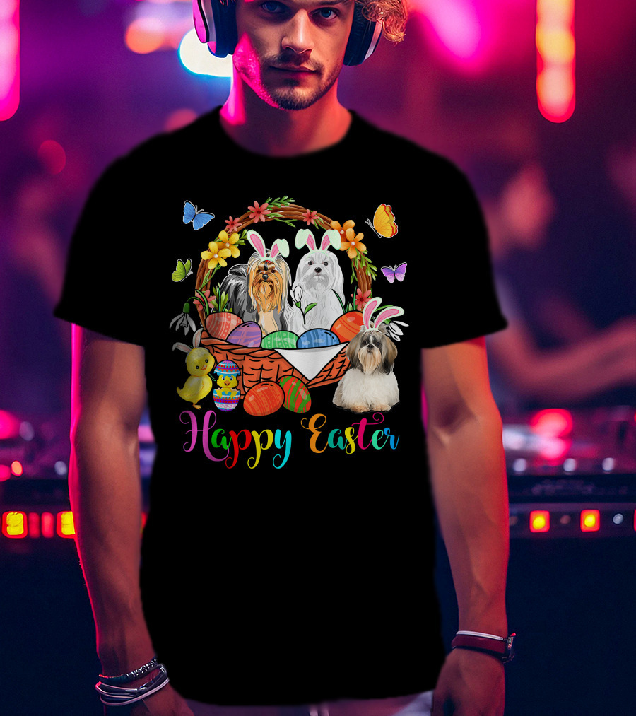 Happy Easter Three Bunny Shih Tzu Dogs In Easter Eggs Basket With Butterflies And Flowers T-Shirt