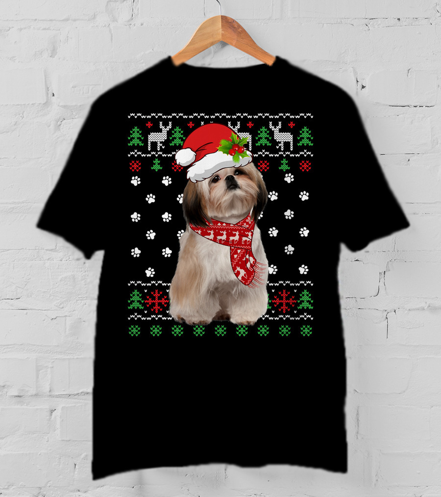 Christmas Shih Tzu Dog Puppy Ugly Sweater Santa Hat Reindeer Scarf T-Shirt