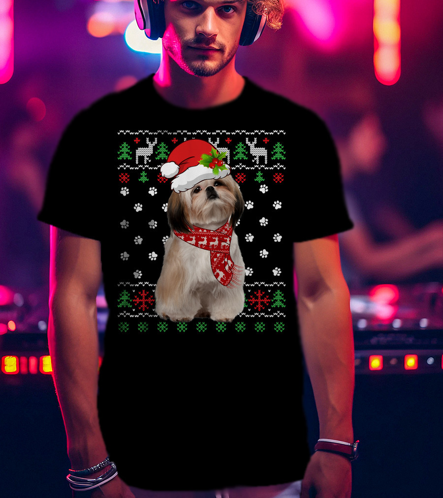 Christmas Shih Tzu Dog Puppy Ugly Sweater Santa Hat Reindeer Scarf T-Shirt