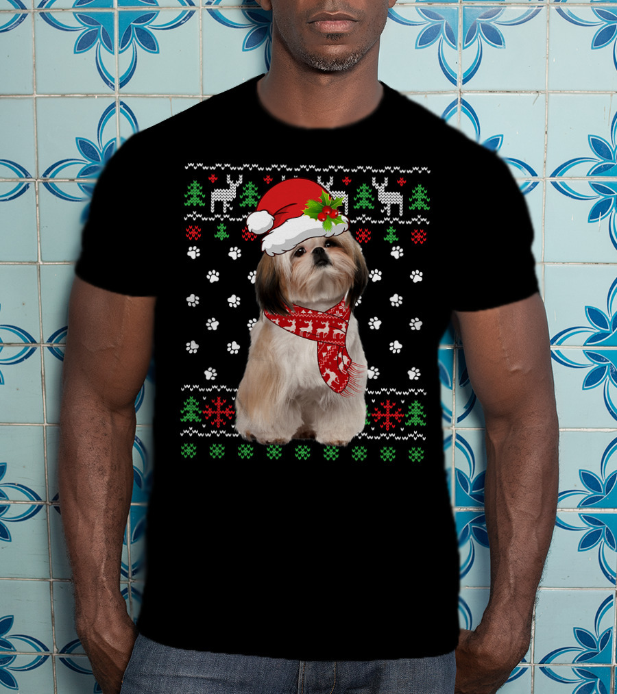 Christmas Shih Tzu Dog Puppy Ugly Sweater Santa Hat Reindeer Scarf T-Shirt